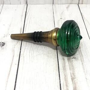Vintage Emerald Green Glass Bottle Stopper Brass Wine Cork Barware